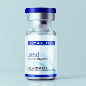 Clear glass research vial labeled “Semaglutide 5 mg” with a blue cap, photographed on a white studio background.