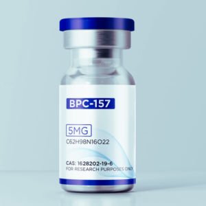 Peptide Labs Clear glass research vial labeled “BPC-157 5 mg” with a blue cap, photographed on a white studio background.