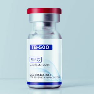 Clear glass research vial labeled “TB-500 5 mg” with a red cap, photographed on a white studio background.