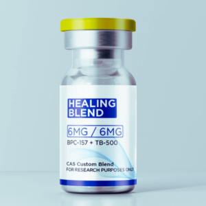 Peptide Labs Clear glass research vial labeled “BPC-157 / TB-500 ‘Healing Blend’ 6 mg / 6 mg” with a yellow cap, photographed on a white studio background.