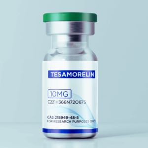 Clear glass research vial labeled “Tesamorelin 10 mg” with a green cap, photographed on a white studio background.