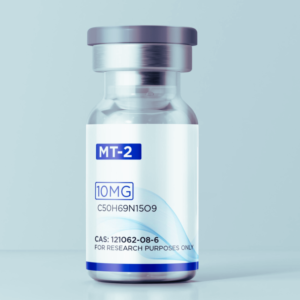 Peptide Labs Clear glass research vial labeled “Melanotan-2 10 mg” with a silver cap, photographed on a white studio background.