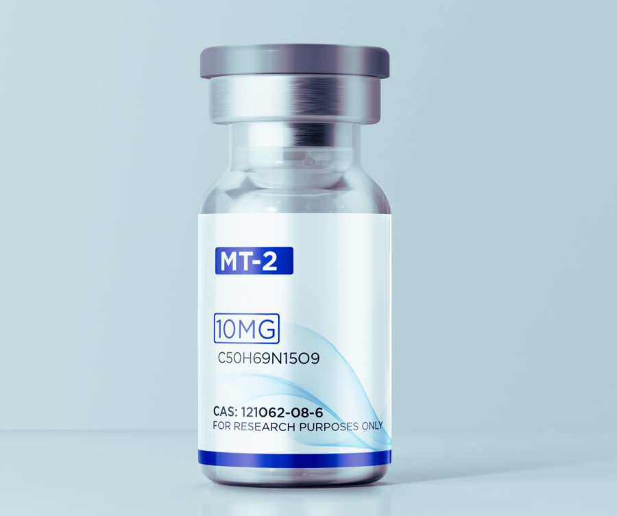 Melanotan-2 10 mg Research Vial – White Studio Mockup. Clear glass research vial labeled “Melanotan-2 10 mg” with a silver cap, photographed on a white studio background.