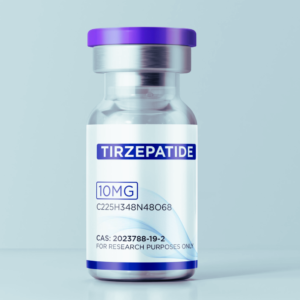 Clear glass research vial labeled “Tirzepatide 10mg” with a purple cap, photographed on a white studio background.
