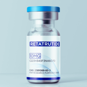 Clear glass research vial labeled “Retatrutide 10 mg” with a blue cap, photographed on a white studio background.