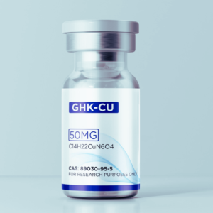 Peptide Labs Clear glass vial labeled “GHK-Cu 50mg” with metallic cap, centered on a white studio background.