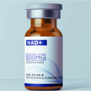 Clear glass vial labeled “NAD+ 500mg” with metallic cap, centered on a white studio background.