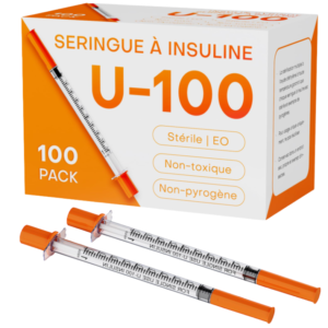 Peptide Labs Box of U-100 1mL insulin syringes (29G 1/2 inch, 12.7mm) with individually packaged syringes on white background.