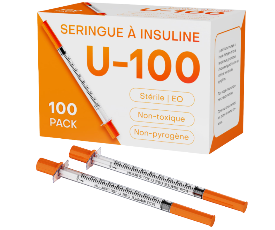 U-100 1mL Insulin Syringes 29G 1/2″ (12.7mm) Box of U-100 1mL insulin syringes (29G 1/2 inch, 12.7mm) with individually packaged syringes on white background.
