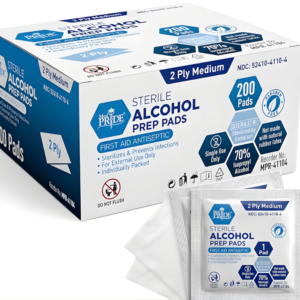 Peptide Labs Med Pride sterile alcohol prep pads box, 70% isopropyl alcohol wipes, individually wrapped antiseptic swabs