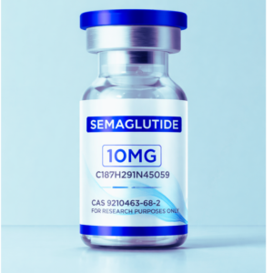 Semaglutide 10mg peptide vial with blue label on white studio background