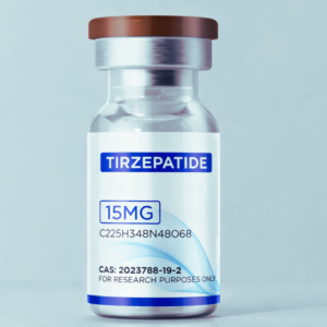 Tirzepatide 15mg peptide vial with blue and white label on clean studio background